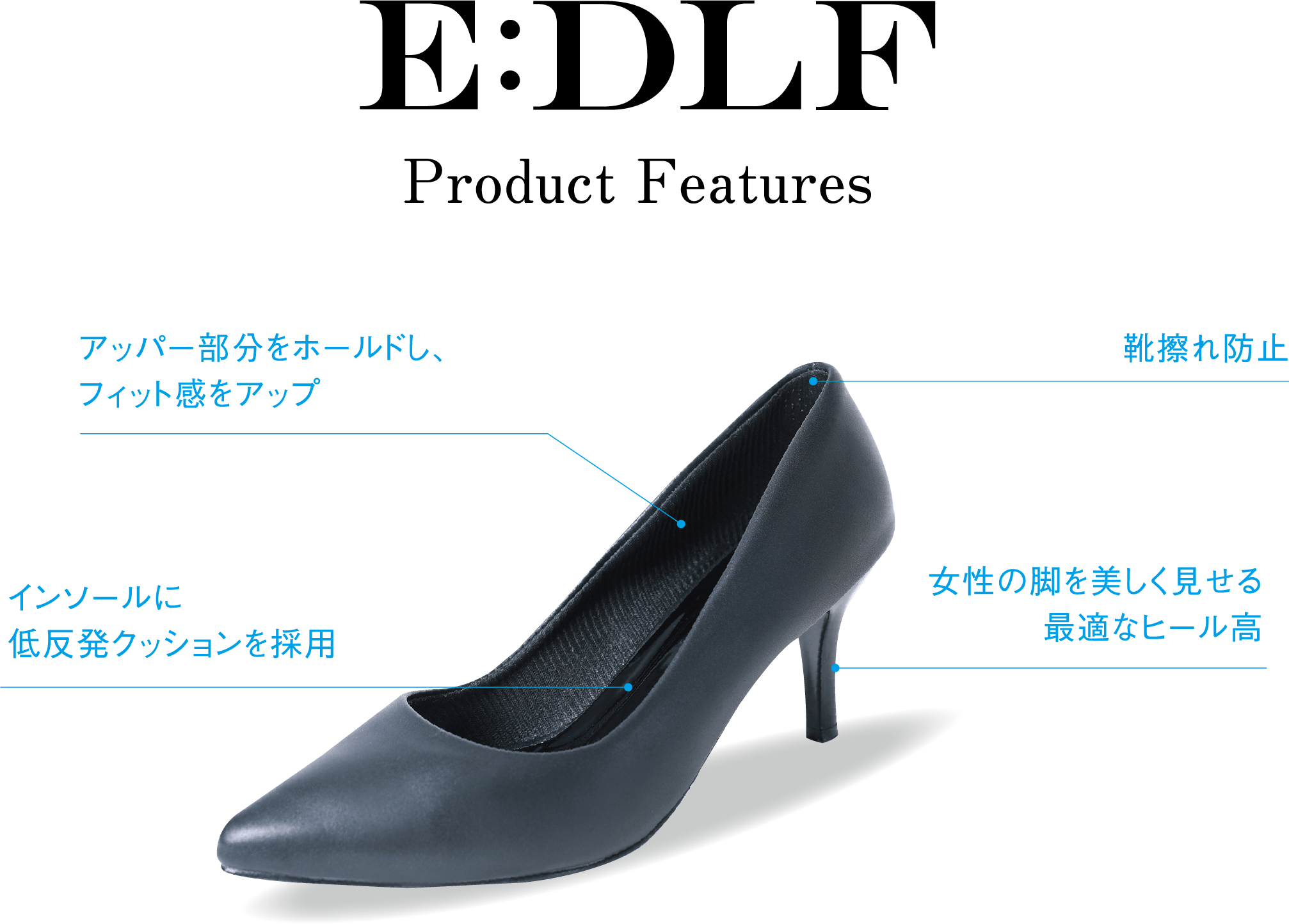 E:DLF Product Features ・アッパー部分をホールドし、フィット感をアップ・インソールに低反発クッションを採用・靴擦れ防止・女性の脚を美しく見せる最適なヒール高